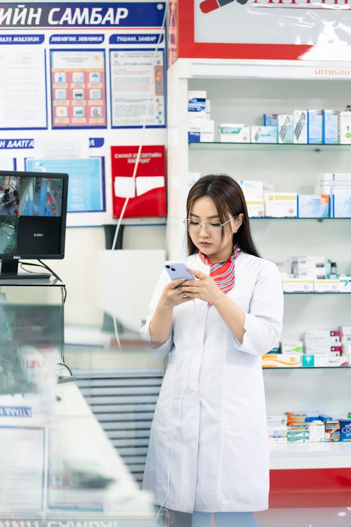 about-us-02 A female pharmacist in a lab coat using a smartphone in a pharmacy, surrounded by medicine shelves.
